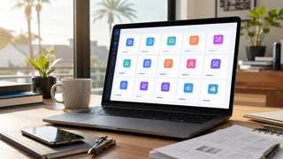 Illustration of browser-based tools processing PDFs, images, and design files on a laptop